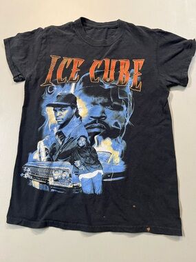 Ice Cube Graphic T-Shirt Black Rap Hip Hop Size Small Distressed